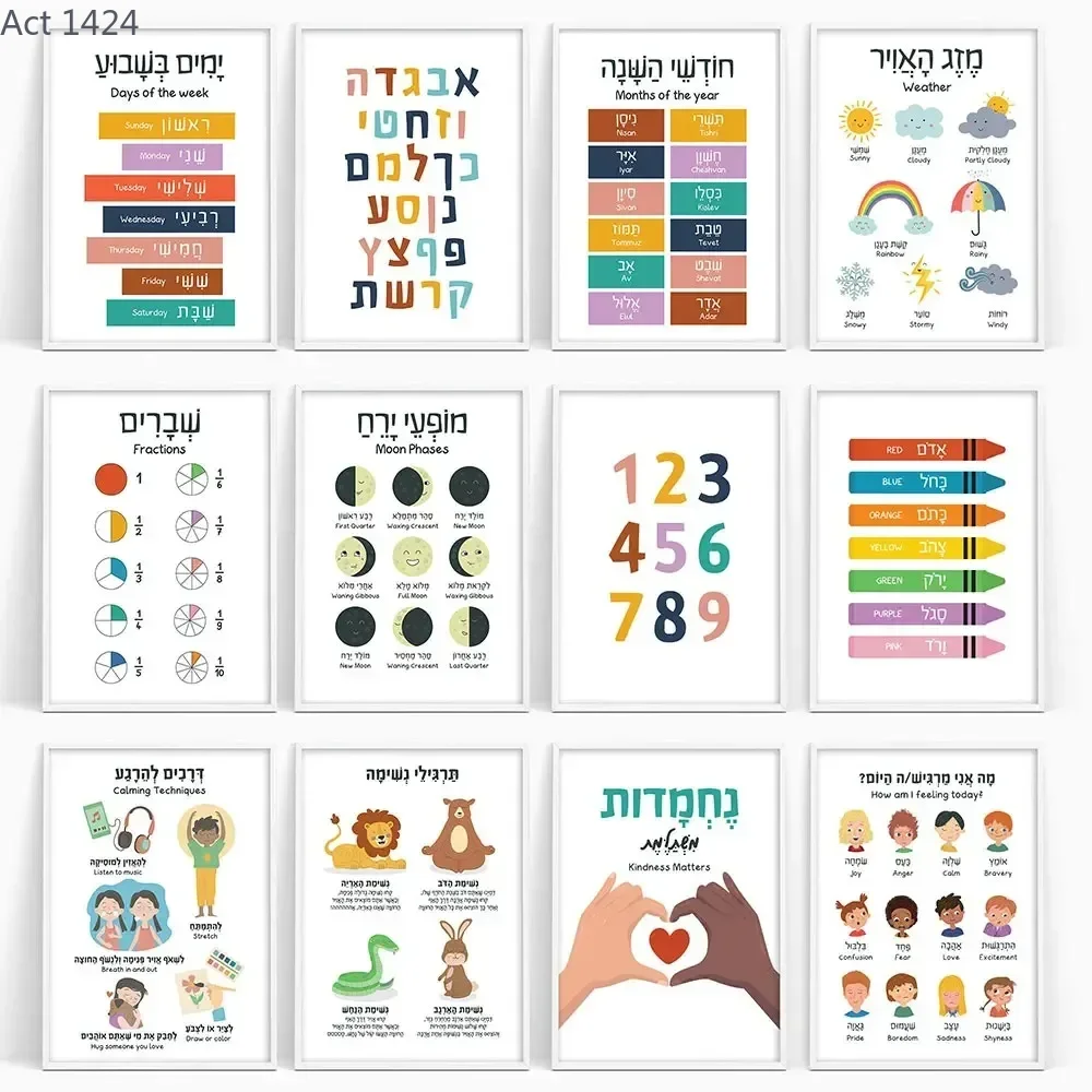 Kids Education Nursery - Холстовая картина, образовательные постеры на иврите